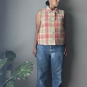 CJ Banks Button Up Sleeveless Shirt‎ Womens Large Plaid Boucle Office Casual